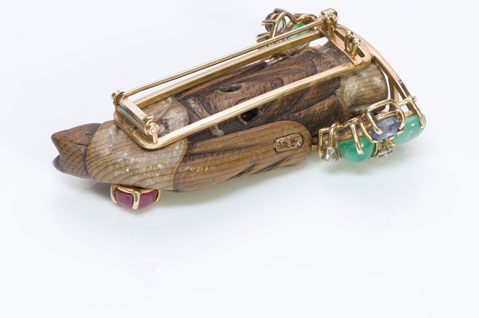 Vintage Gemstone & Japanese Carved Wood Wolf Clip Brooch