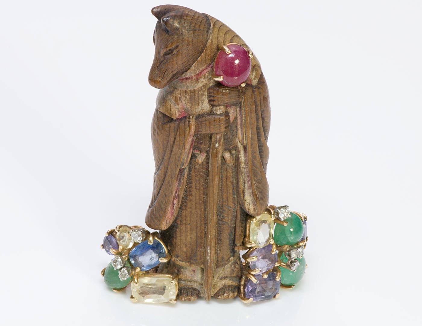 Vintage Gemstone & Japanese Carved Wood Wolf Clip Brooch