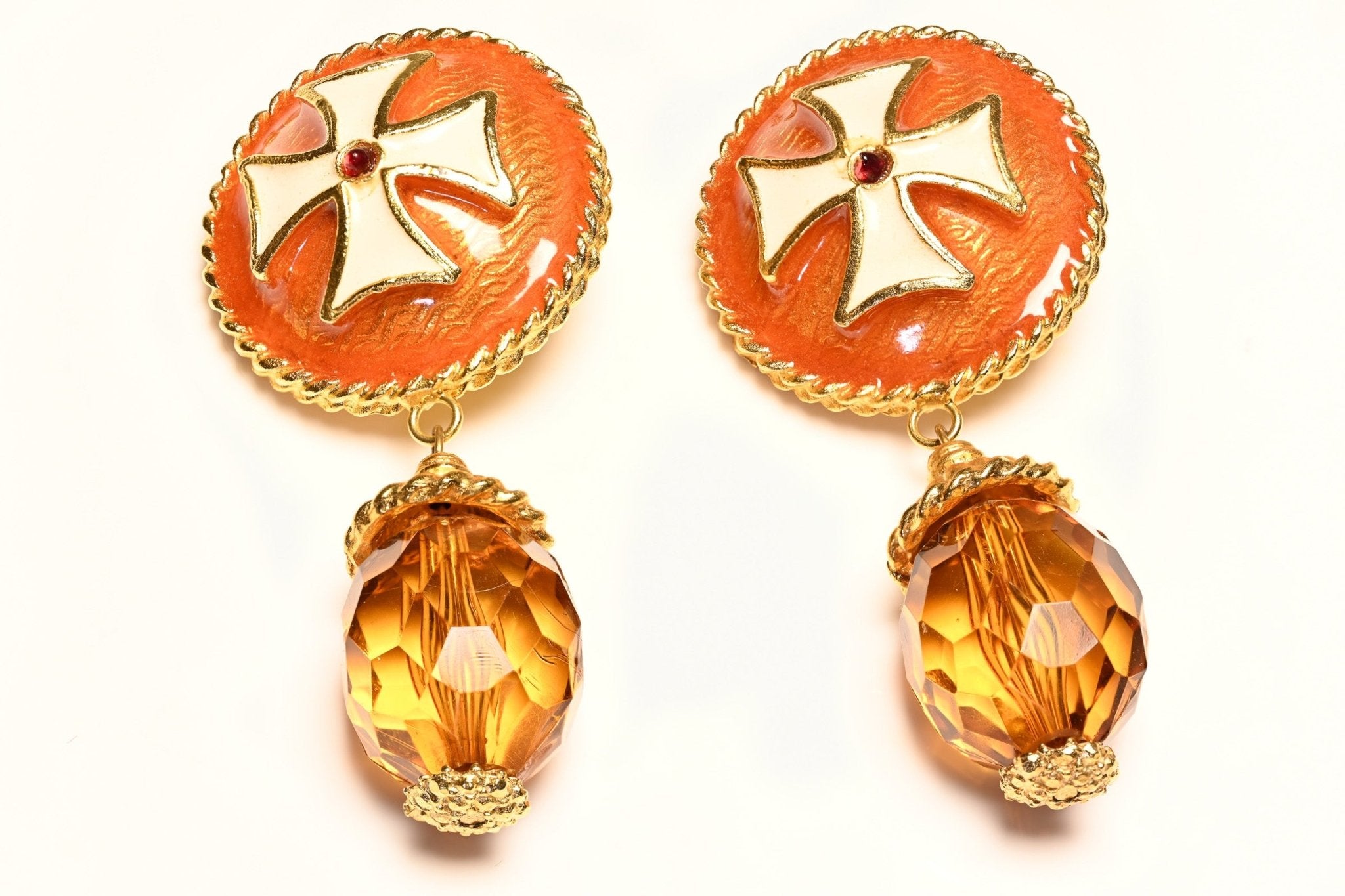 Vintage Gerard Yosca Maltese Cross Orange White Enamel Crystal Drop Earrings