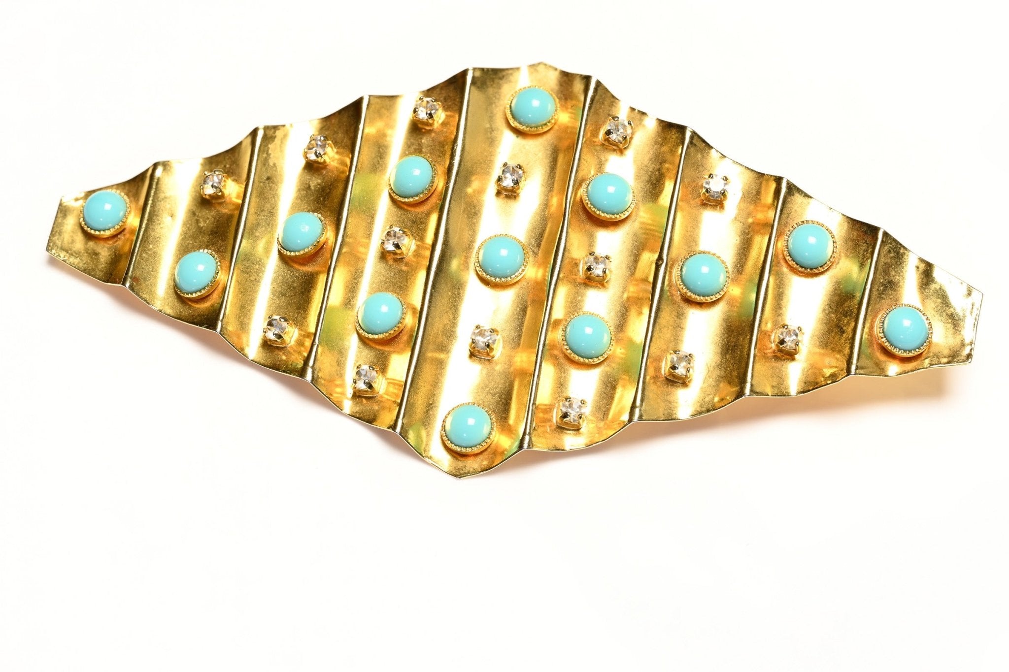 Vintage Gianni de Liguoro Large Faux Turquoise Crystal Pleated Metal Brooch