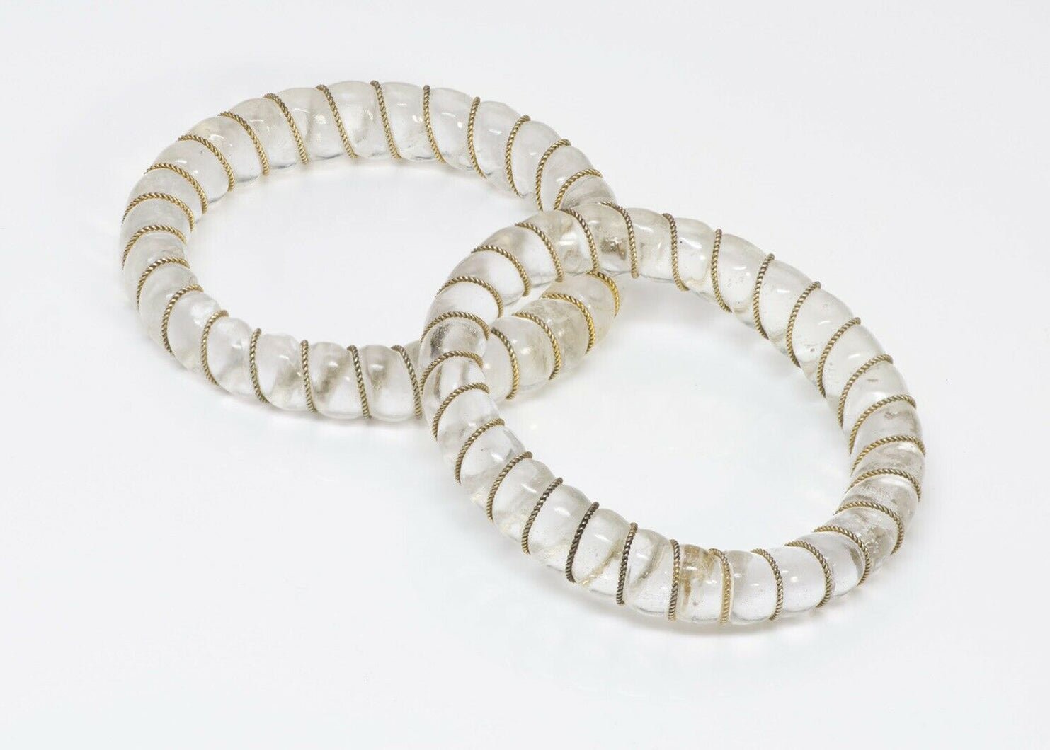 Vintage Gilded Sterling Silver Clear Glass Twisted Rope Pair of Bangle Bracelets