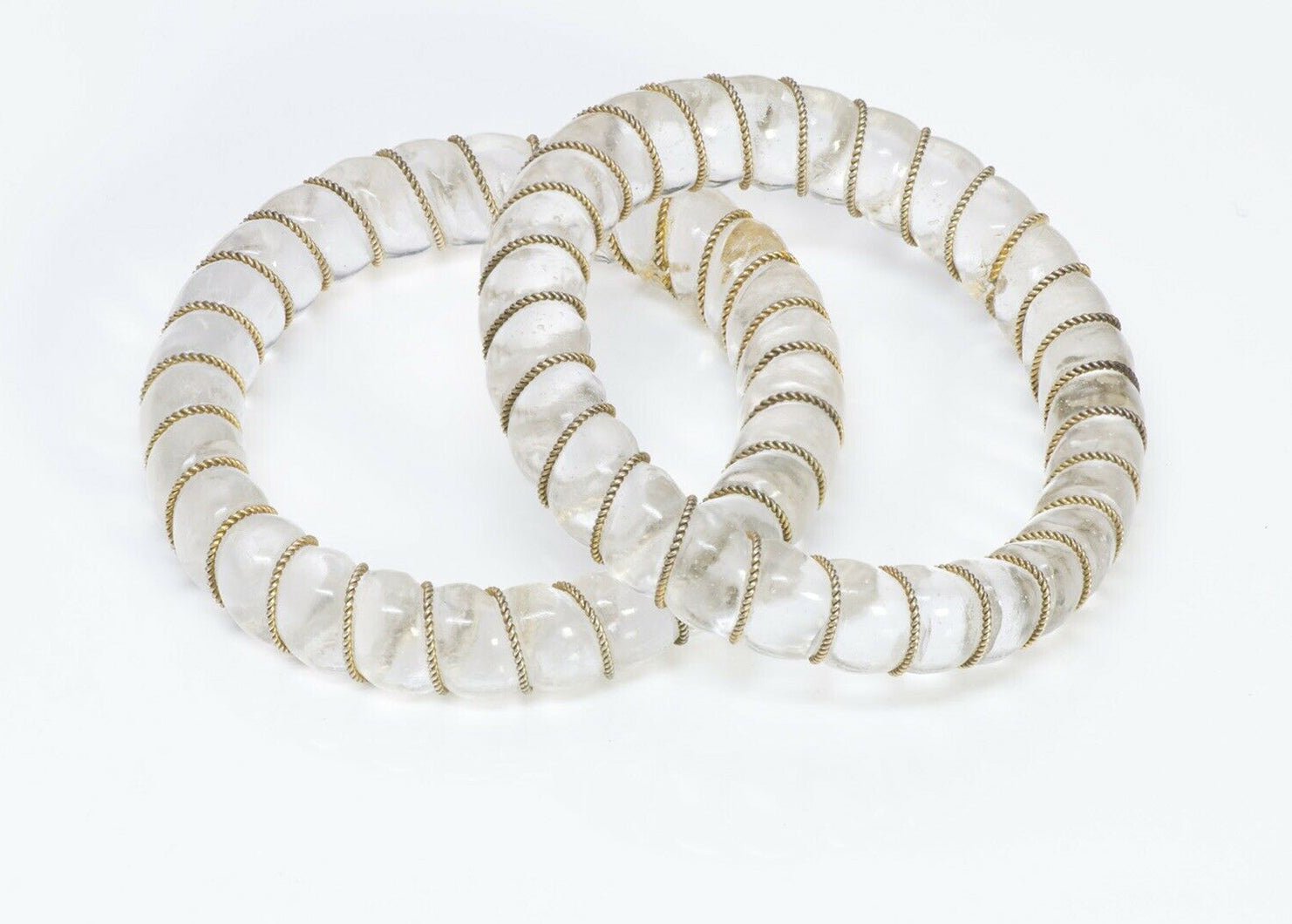 Vintage Gilded Sterling Silver Clear Glass Twisted Rope Pair of Bangle Bracelets