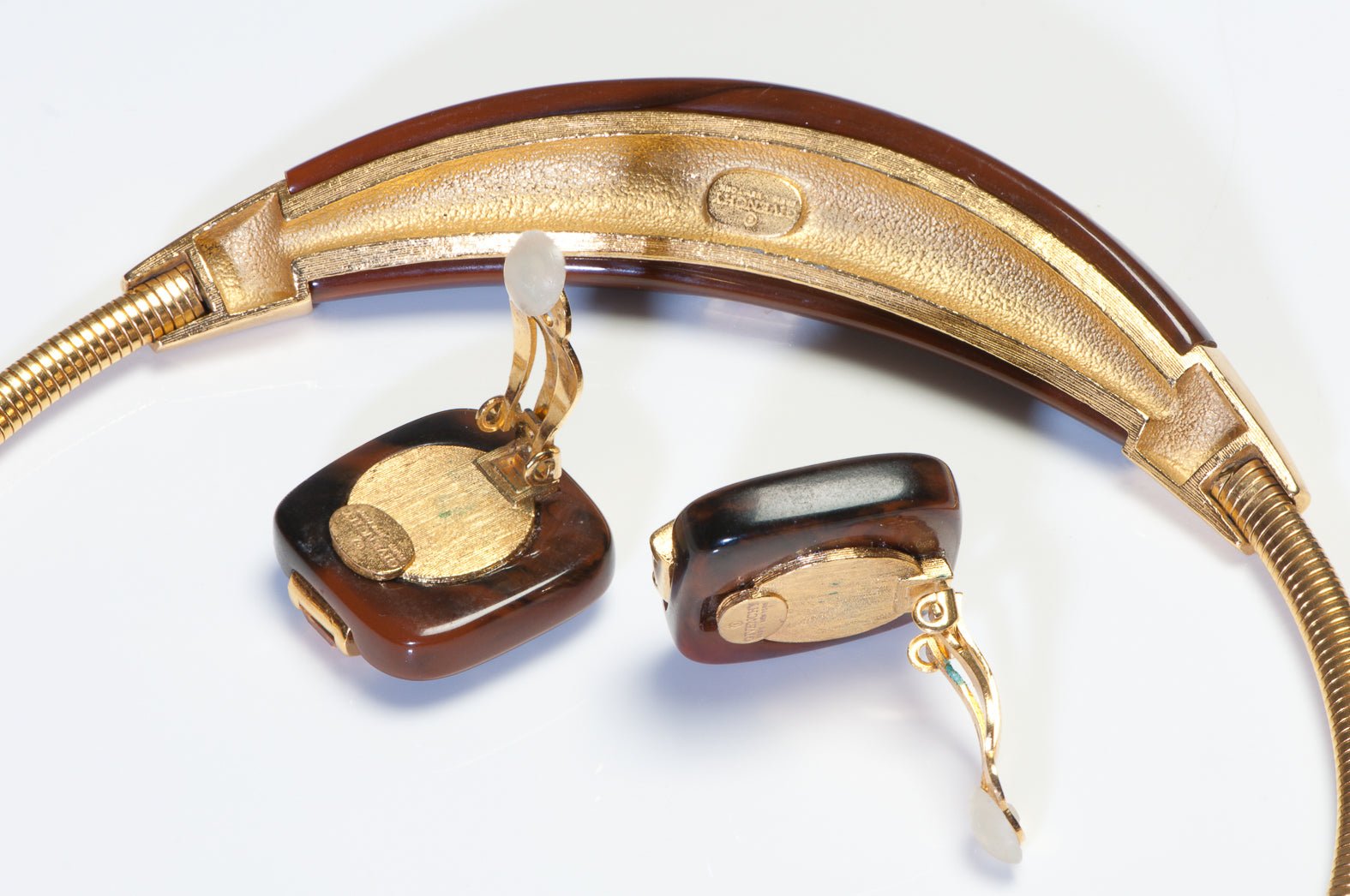 Vintage Givenchy Paris Brown Resin Yellow Crystal Collar Necklace Earrings Set