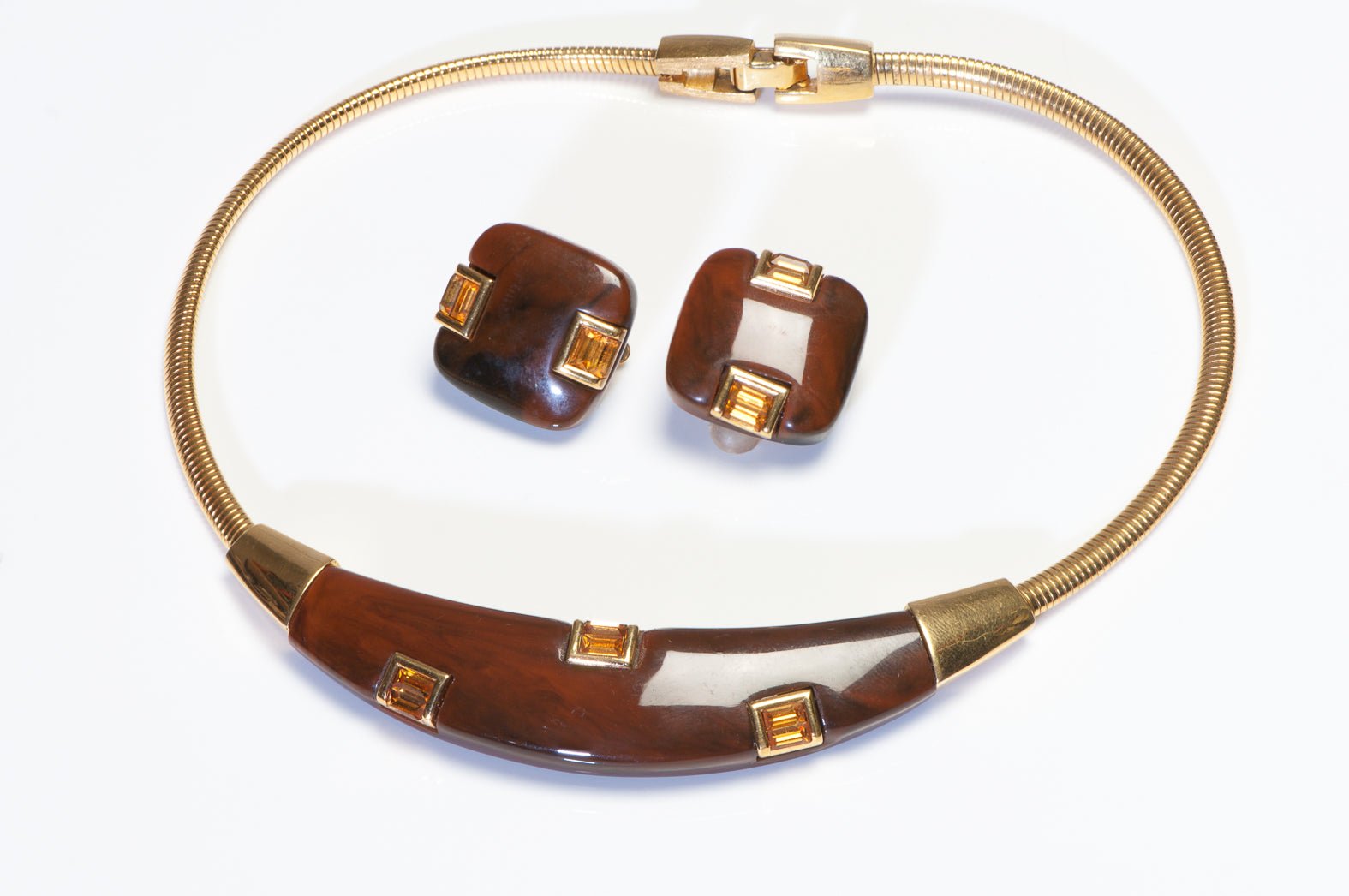 Vintage Givenchy Paris Brown Resin Yellow Crystal Collar Necklace Earrings Set