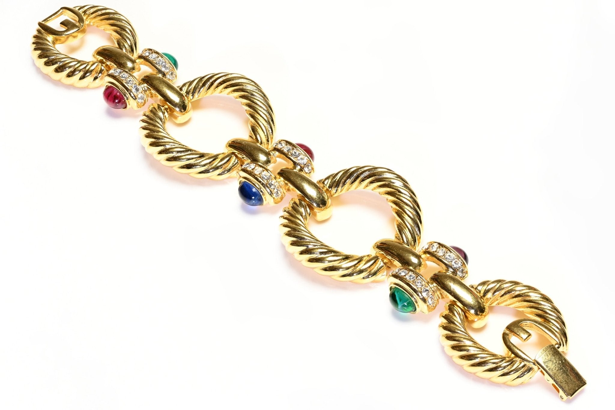 Vintage Givenchy Paris Chain Link Mughal Style Green Blue Red Cabochon Bracelet