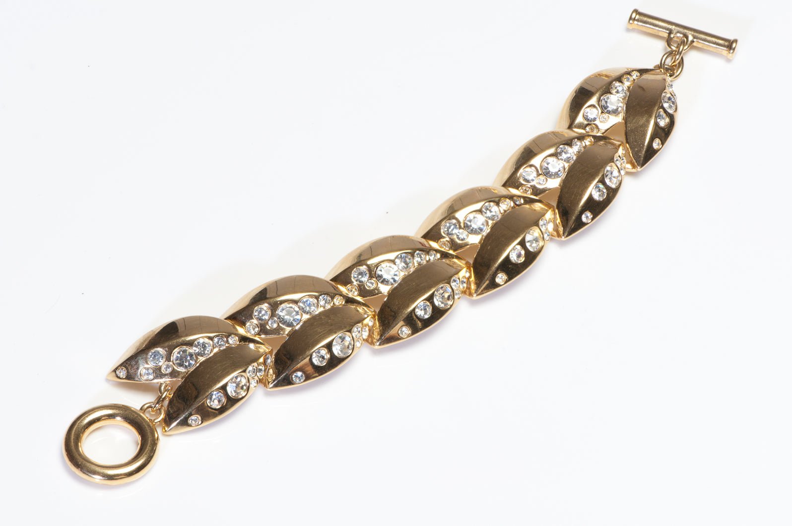 Vintage Givenchy Paris Gold Plated Crystal Leaf Toggle Chain Bracelet