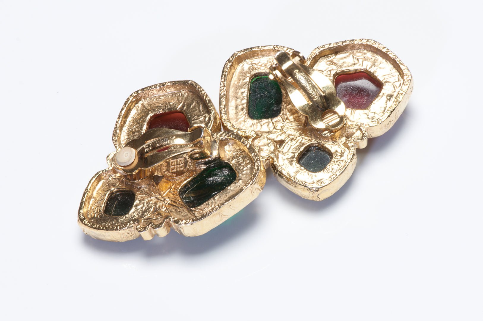 Vintage Givenchy Paris Red Green Cabochon Crystal Charm Brooch Earrings Set