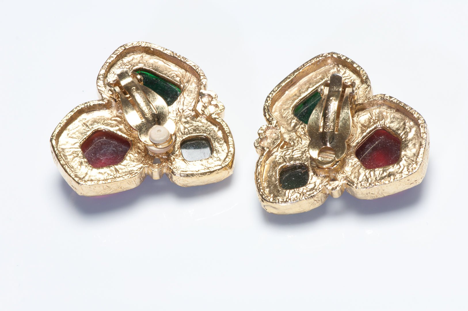 Vintage Givenchy Paris Red Green Cabochon Crystal Charm Brooch Earrings Set