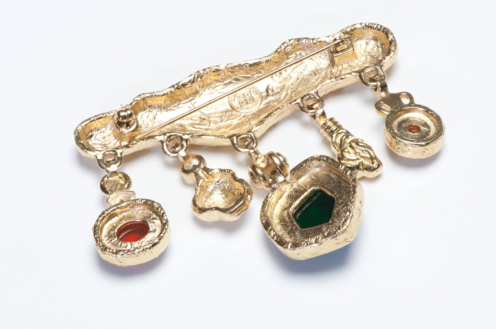 Vintage Givenchy Paris Red Green Cabochon Crystal Charm Brooch Earrings Set