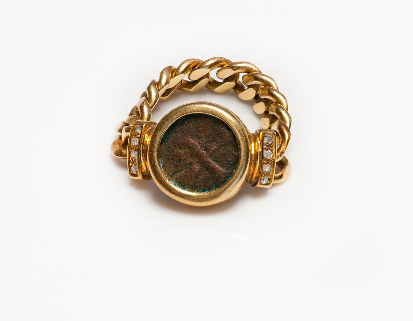 Vintage Gold Diamond Ancient Coin Chain Ring