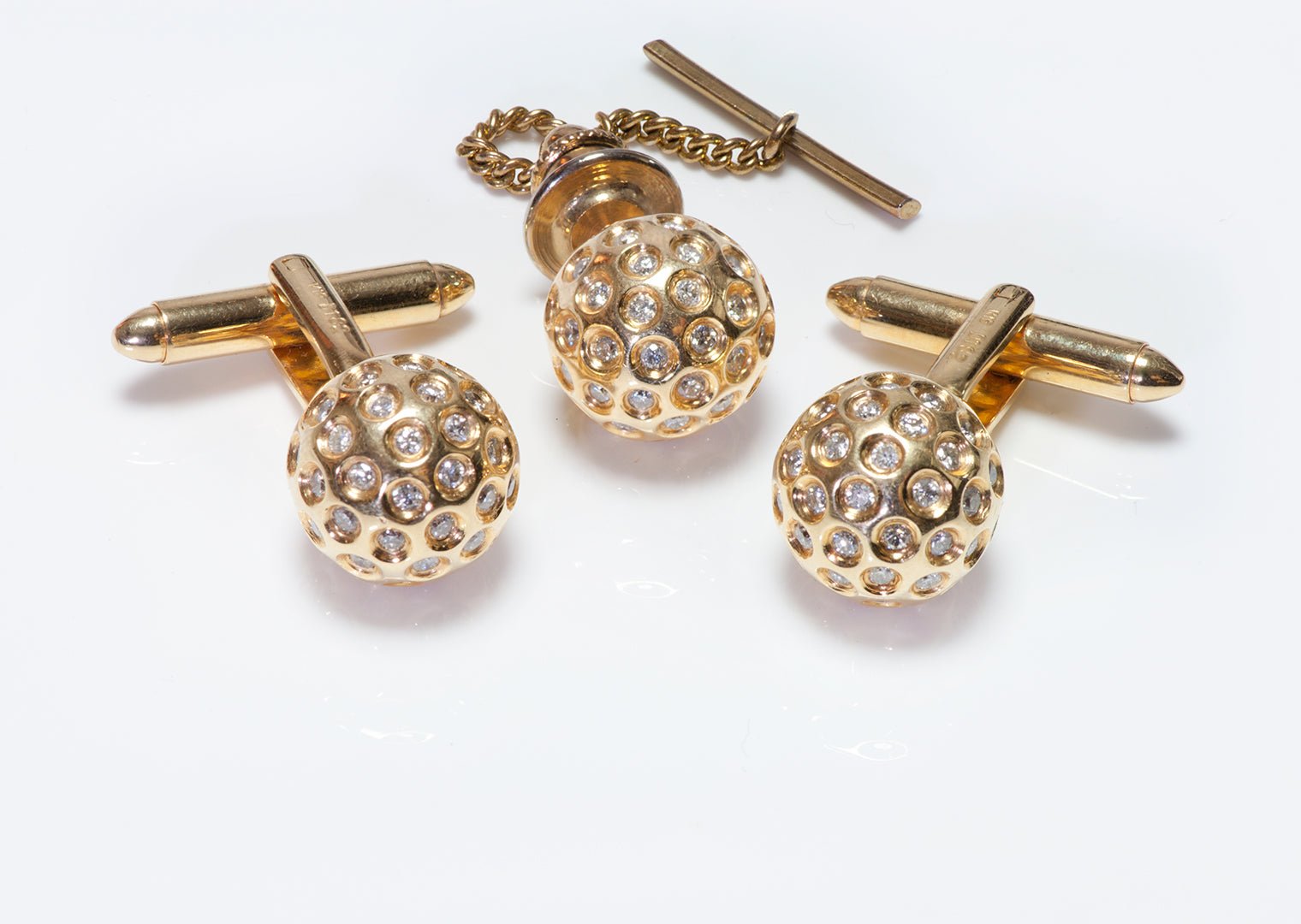 Vintage Gold Golf Ball Diamond Cufflinks & Tie Tack Set