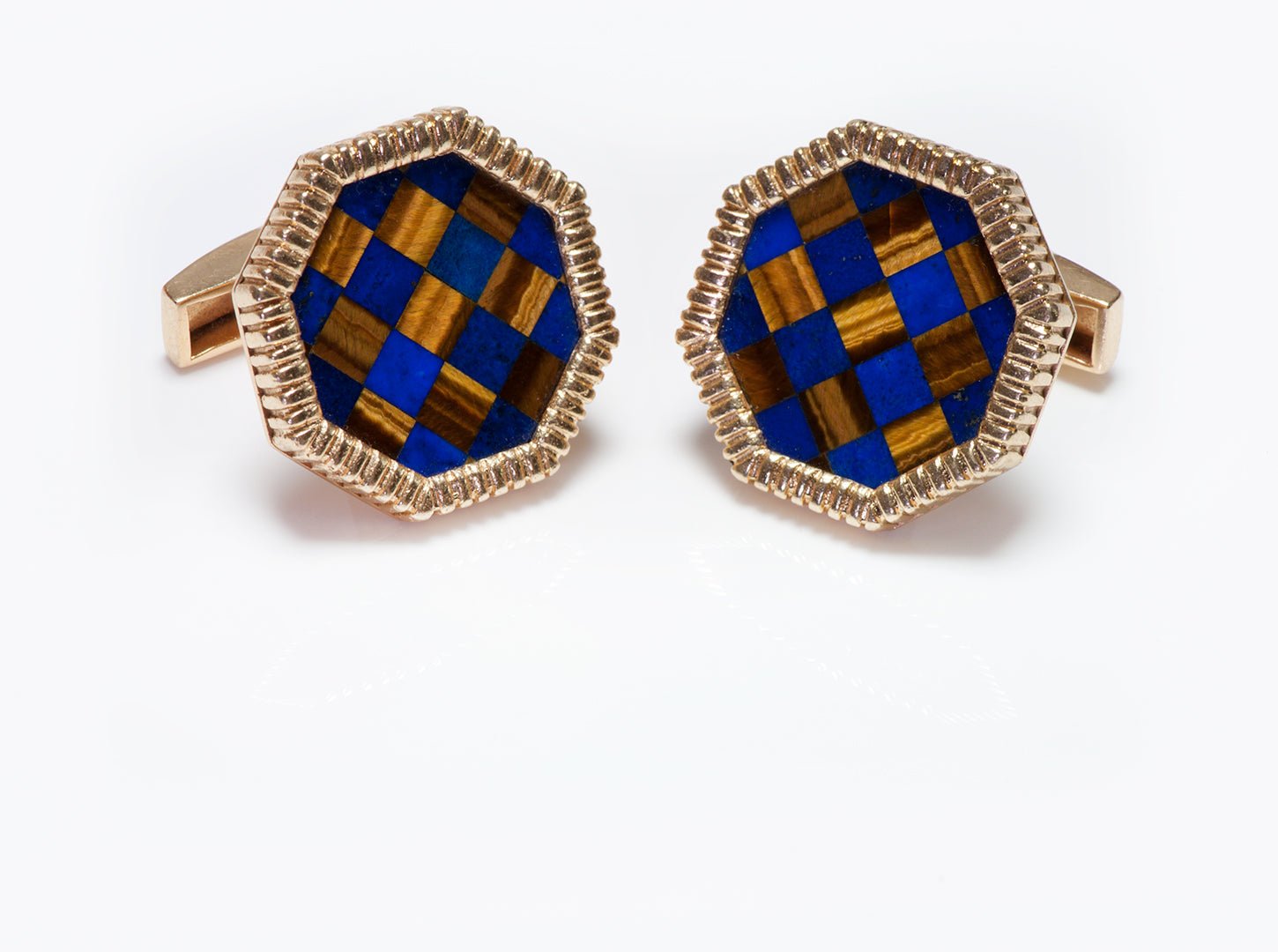 Vintage Gold Octagonal Lapis & Tiger Eye Inlaid Cufflinks
