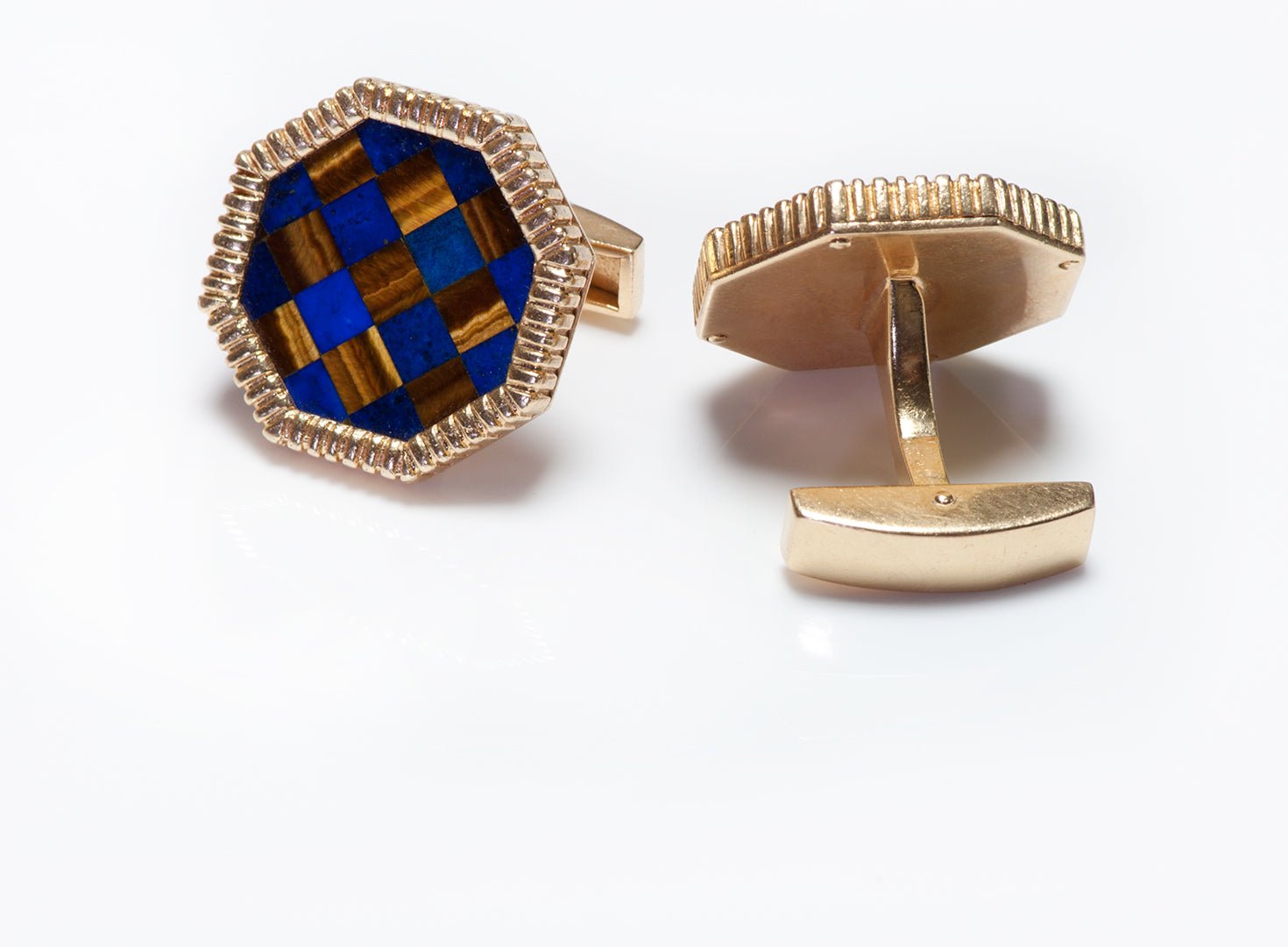 Vintage Gold Octagonal Lapis & Tiger Eye Inlaid Cufflinks
