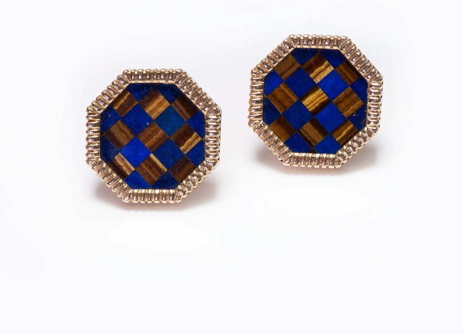 Vintage Gold Octagonal Lapis & Tiger Eye Inlaid Cufflinks