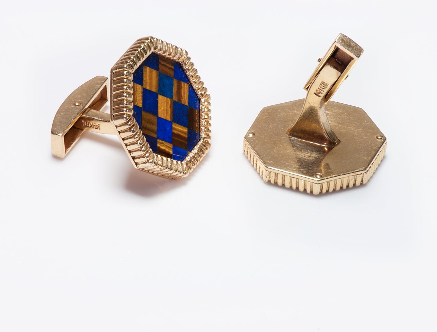 Vintage Gold Octagonal Lapis & Tiger Eye Inlaid Cufflinks