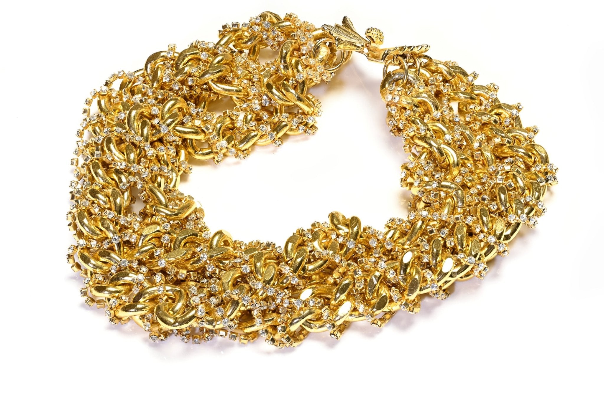 Vintage Gold Plated Wide 3 Strand Chain Link Crystal Twist Collar Necklace