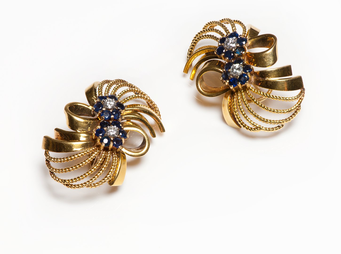Vintage Gold Sapphire Diamond Swirl Earrings