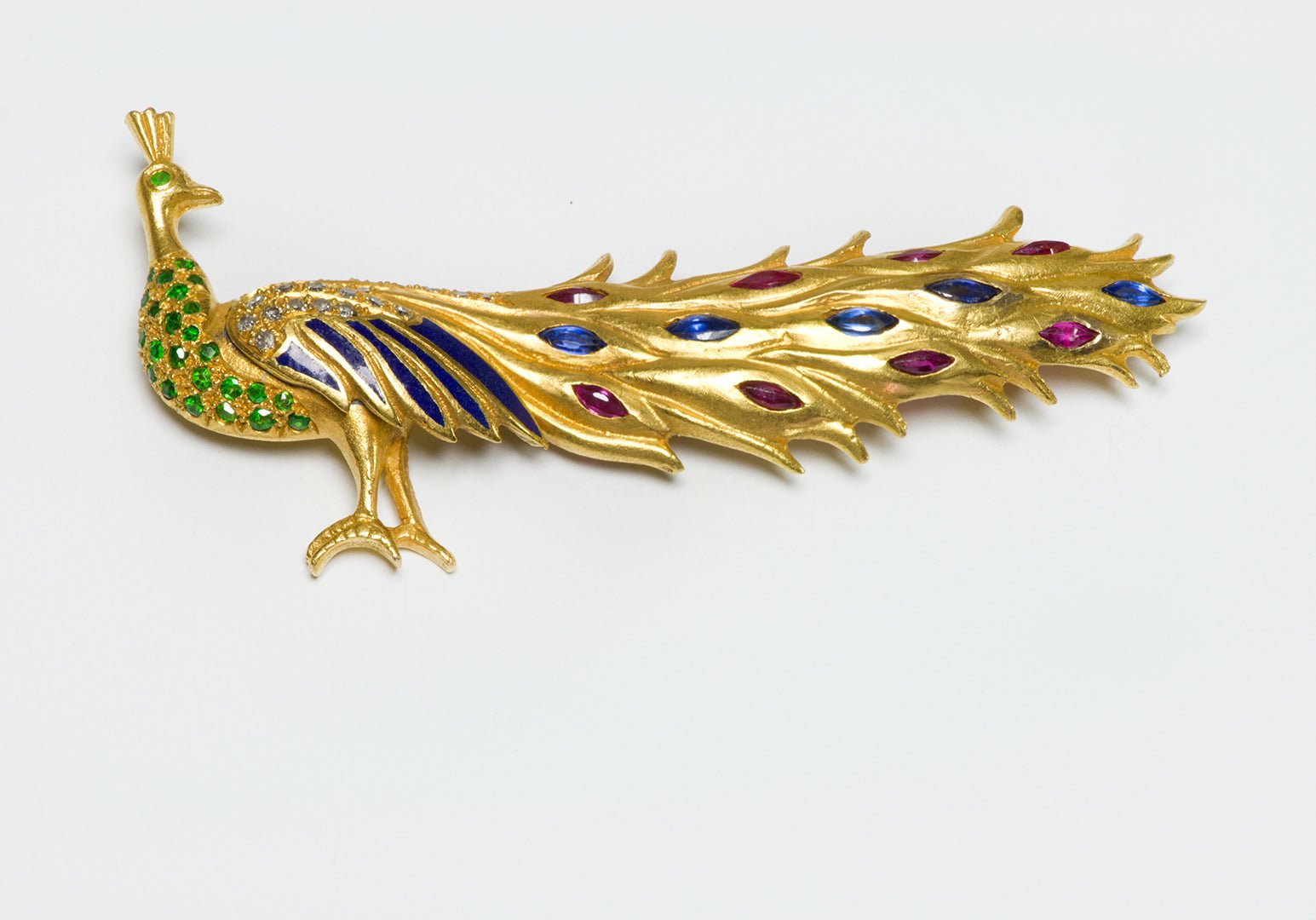 Vintage Gold Sapphire Ruby Demantoid Diamond Enamel Peacock Brooch
