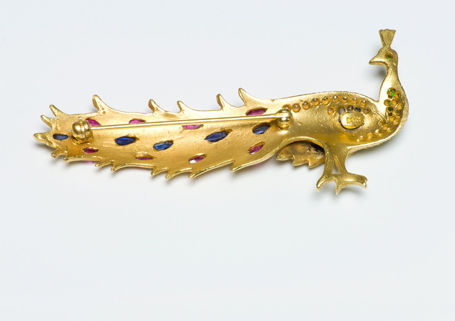 Vintage Gold Sapphire Ruby Demantoid Diamond Enamel Peacock Brooch