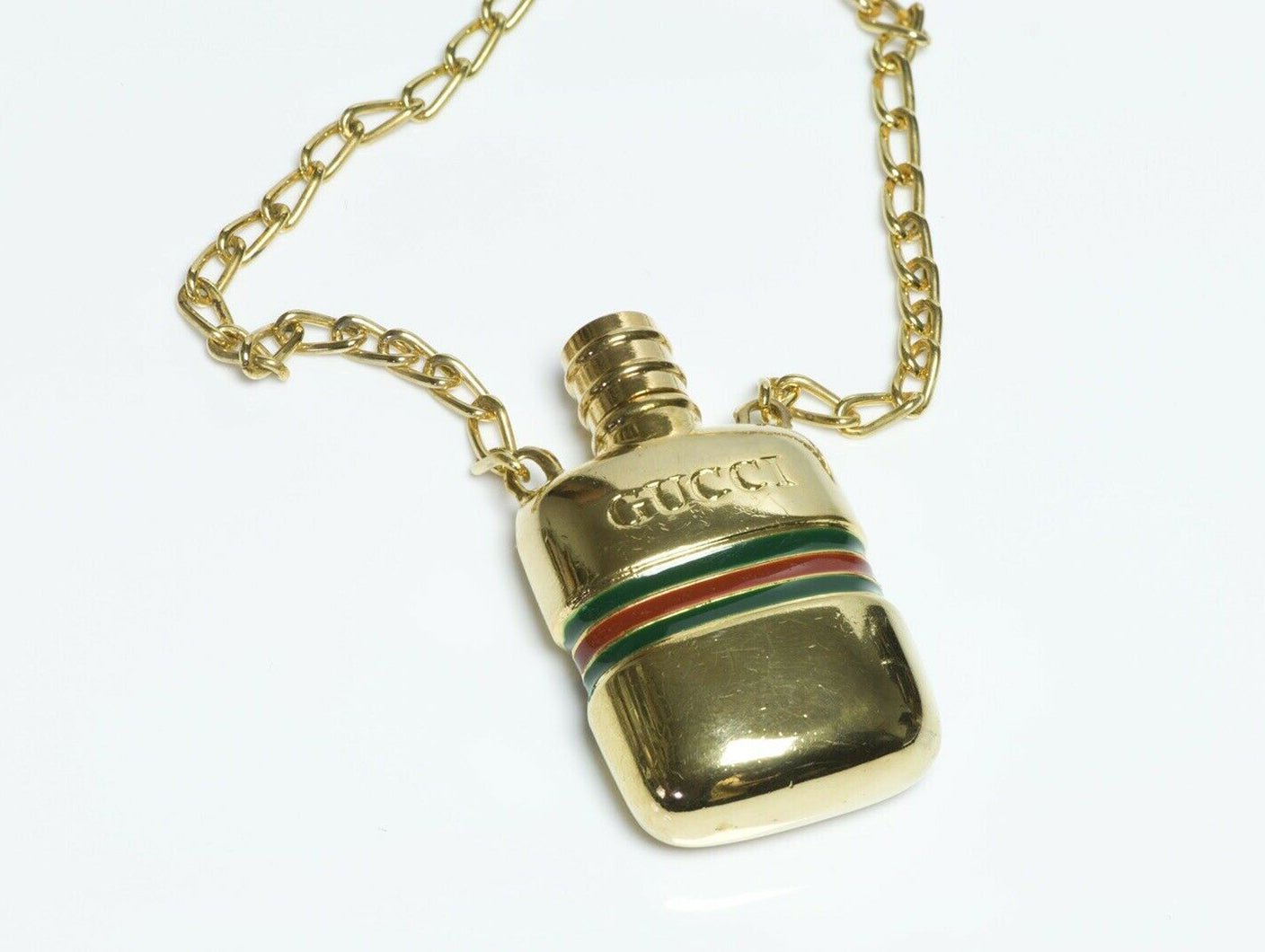 Vintage GUCCI GG Enamel Flask Perfume Bottle Chain Necklace