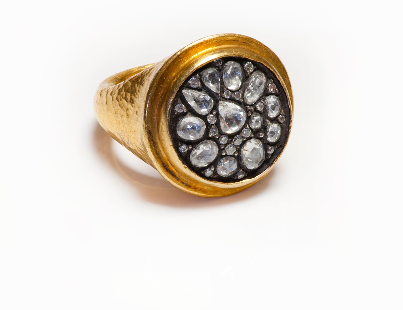 Vintage Hammered 24K Yellow Gold Rose Cut Diamond Ring