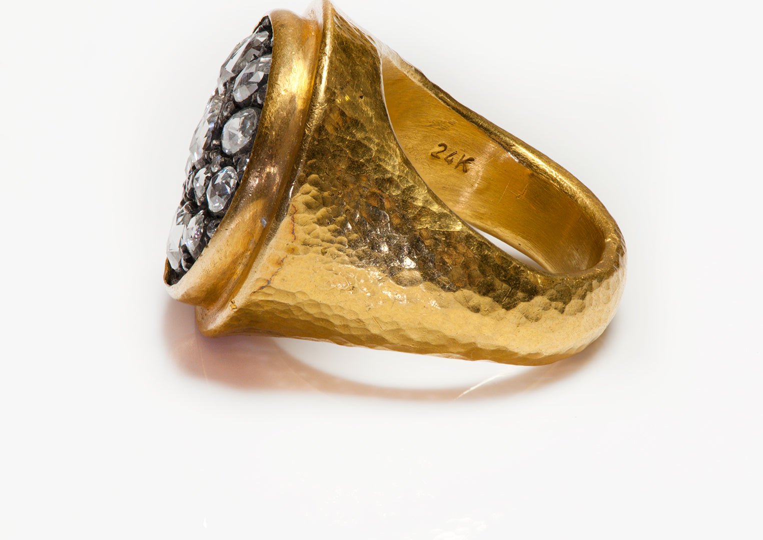 Vintage Hammered 24K Yellow Gold Rose Cut Diamond Ring
