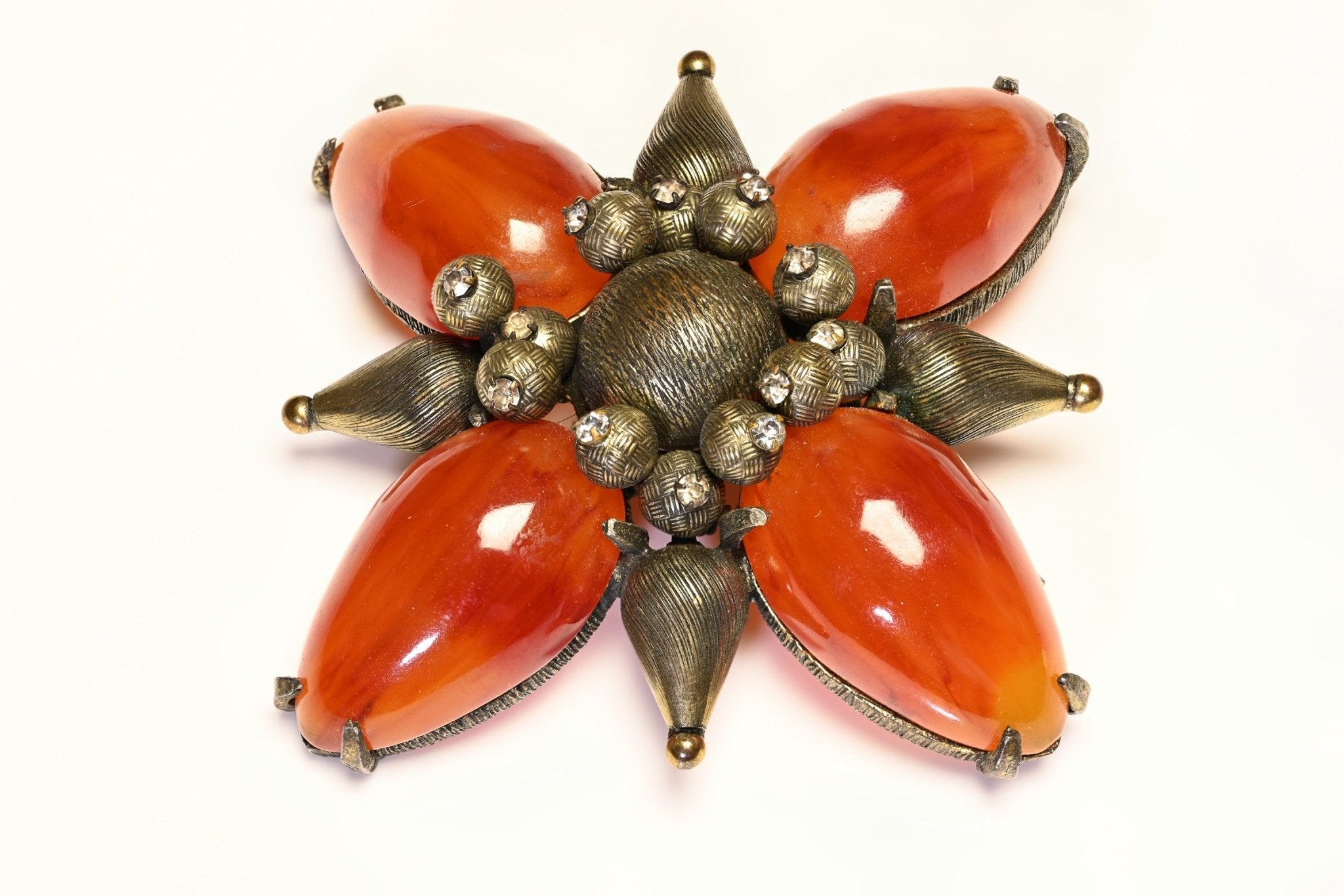 Vintage Hattie Carnegie Faux Amber Cabochon Resin Crystal Cross Flower Brooch
