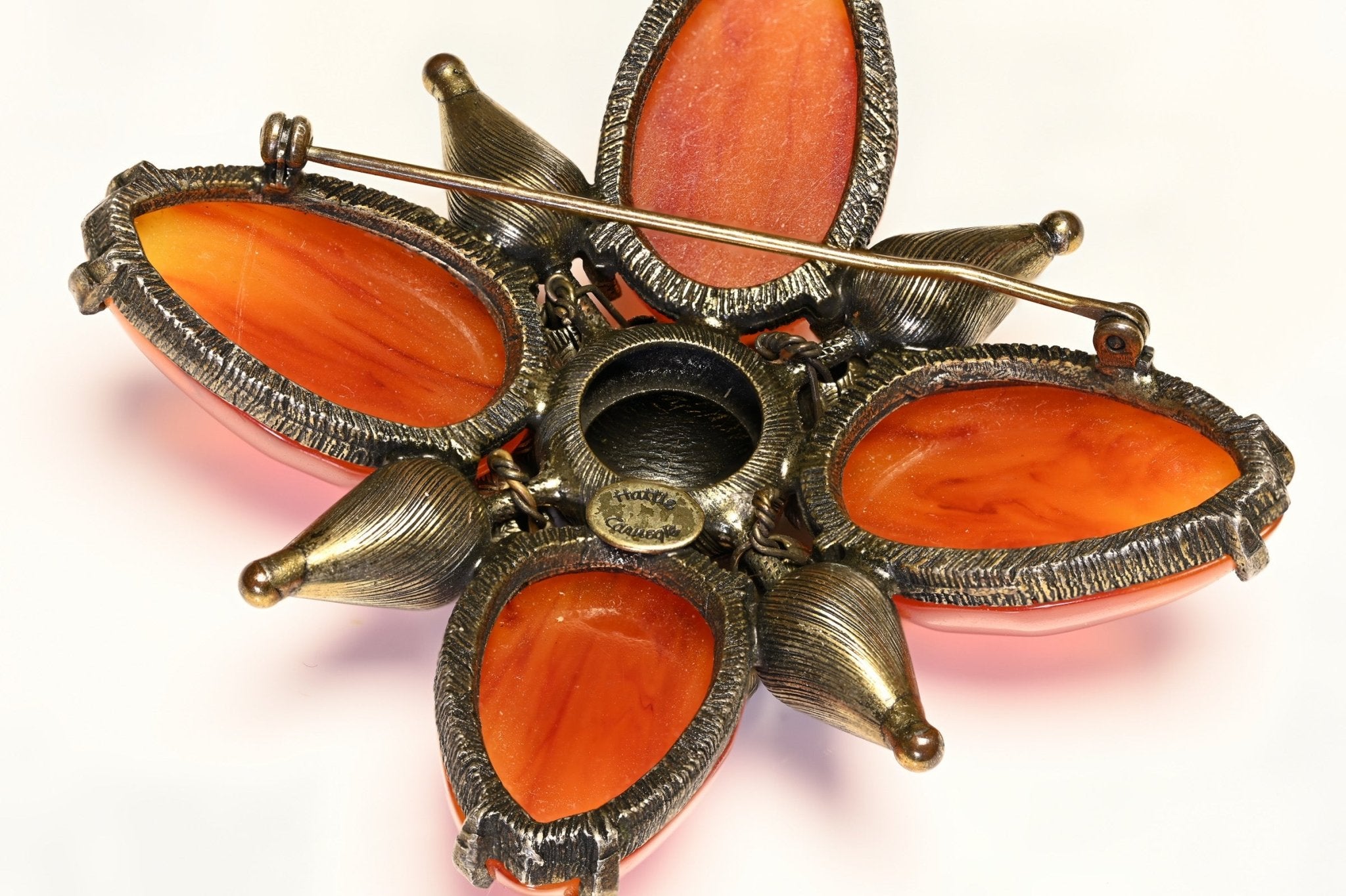 Vintage Hattie Carnegie Faux Amber Cabochon Resin Crystal Cross Flower Brooch
