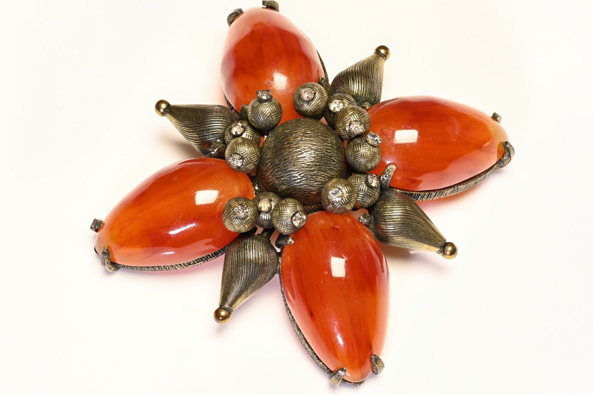 Vintage Hattie Carnegie Faux Amber Cabochon Resin Crystal Cross Flower Brooch