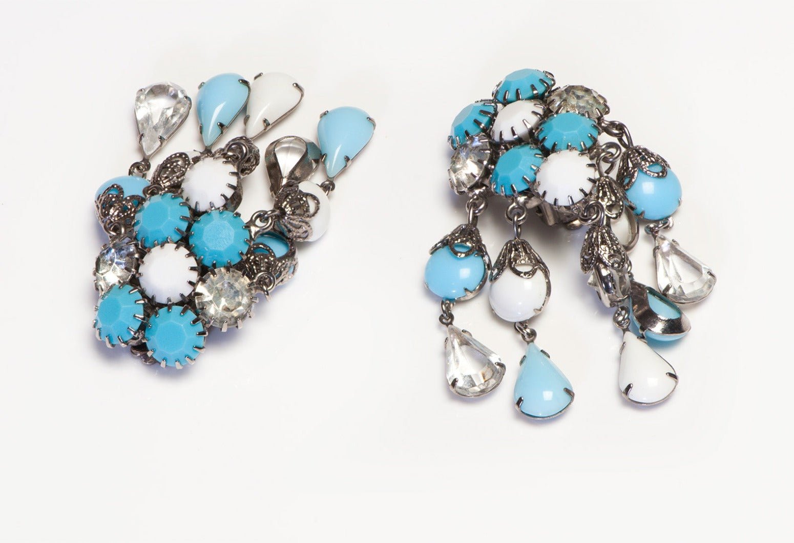 Vintage Hattie Carnegie Long White Blue Crystal Drop Earrings