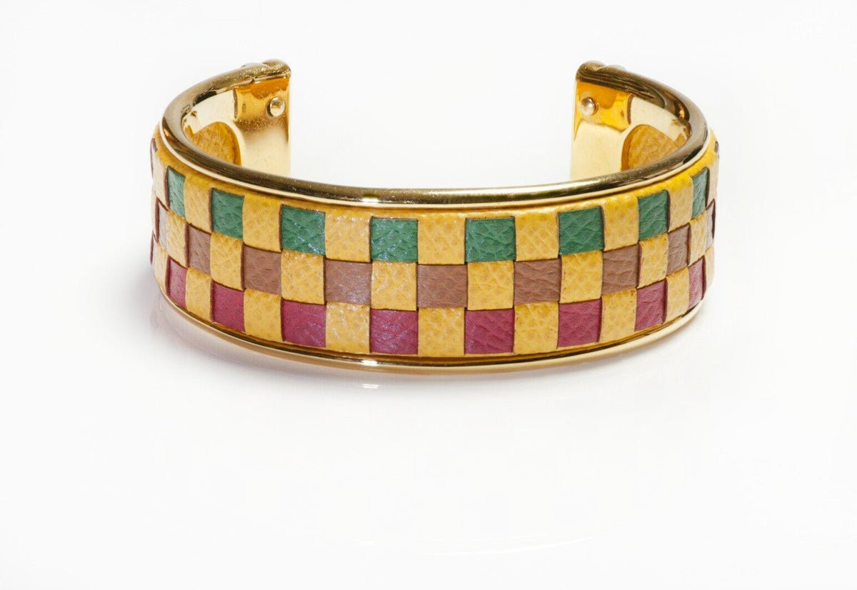 Vintage HERMES Gold Plated Leather Checkered Cuff Bracelet display picture 1