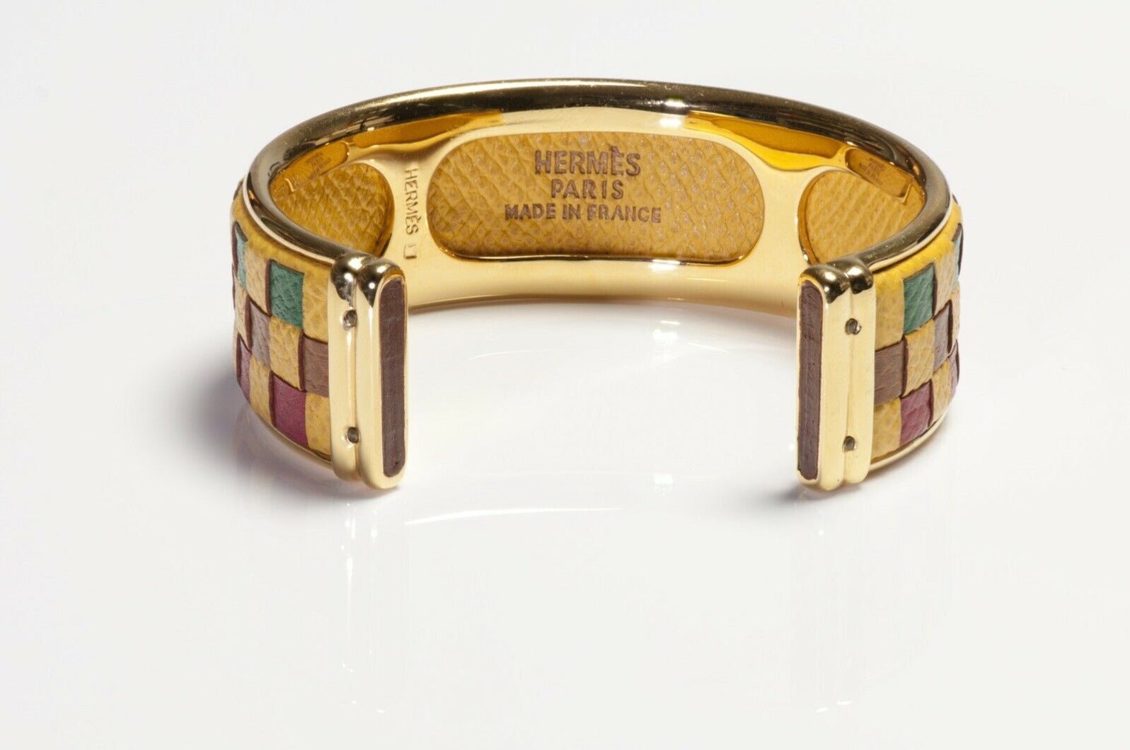 Vintage HERMES Gold Plated Leather Checkered Cuff Bracelet