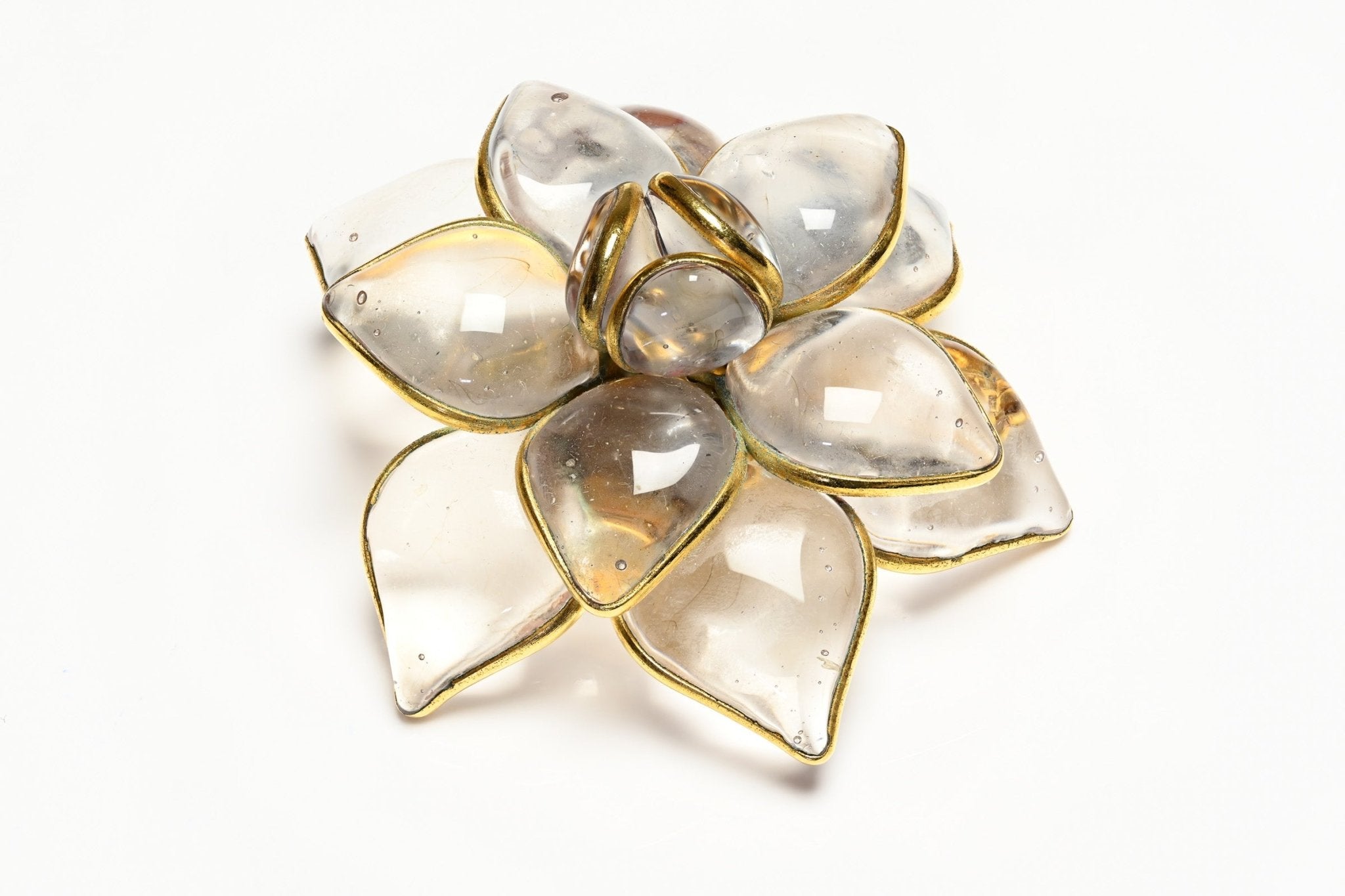 Vintage Histoire de Verre Paris Gripoix Clear Poured Glass Camellia Flower Pendant Brooch