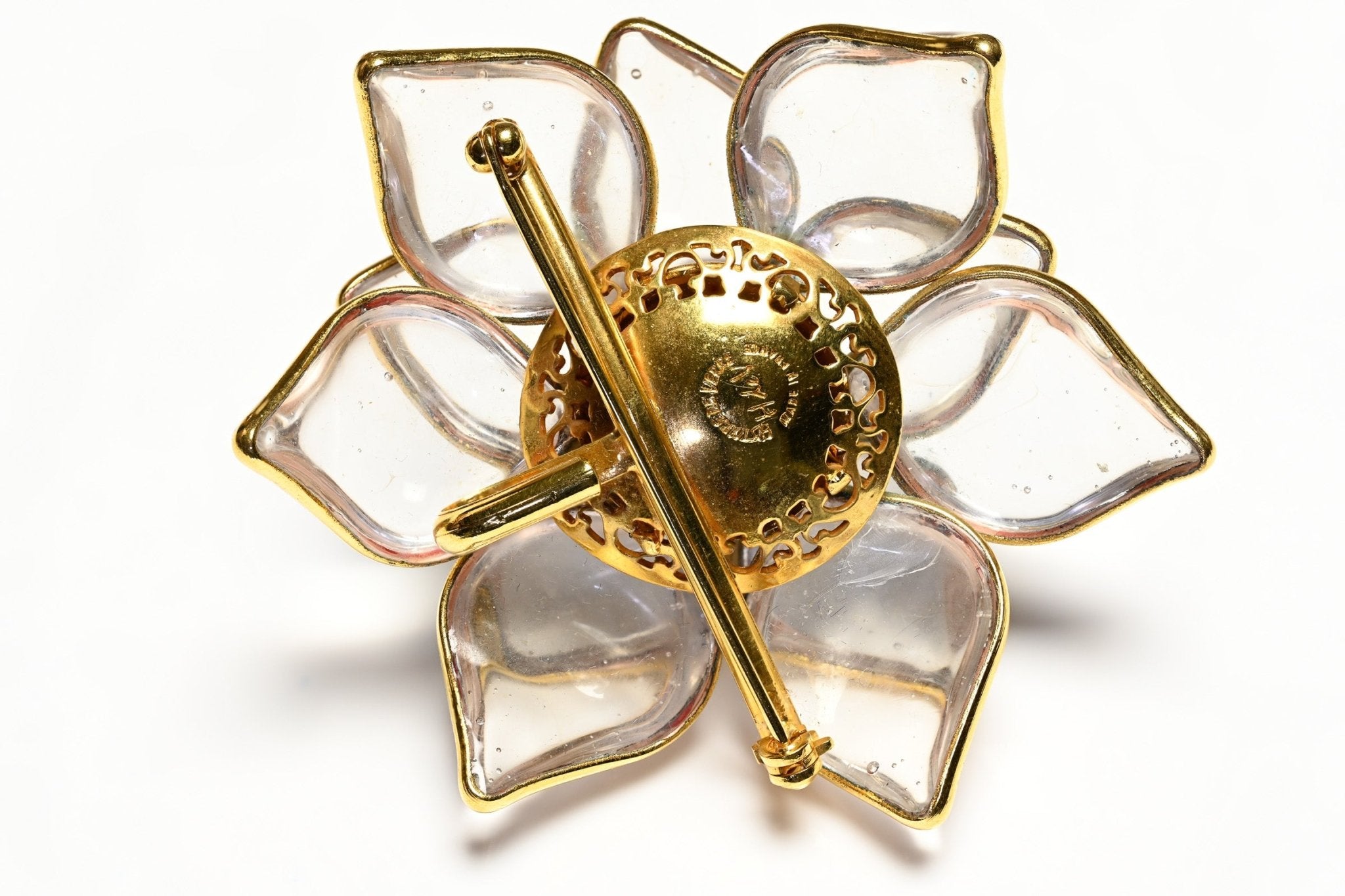 Vintage Histoire de Verre Paris Gripoix Clear Poured Glass Camellia Flower Pendant Brooch