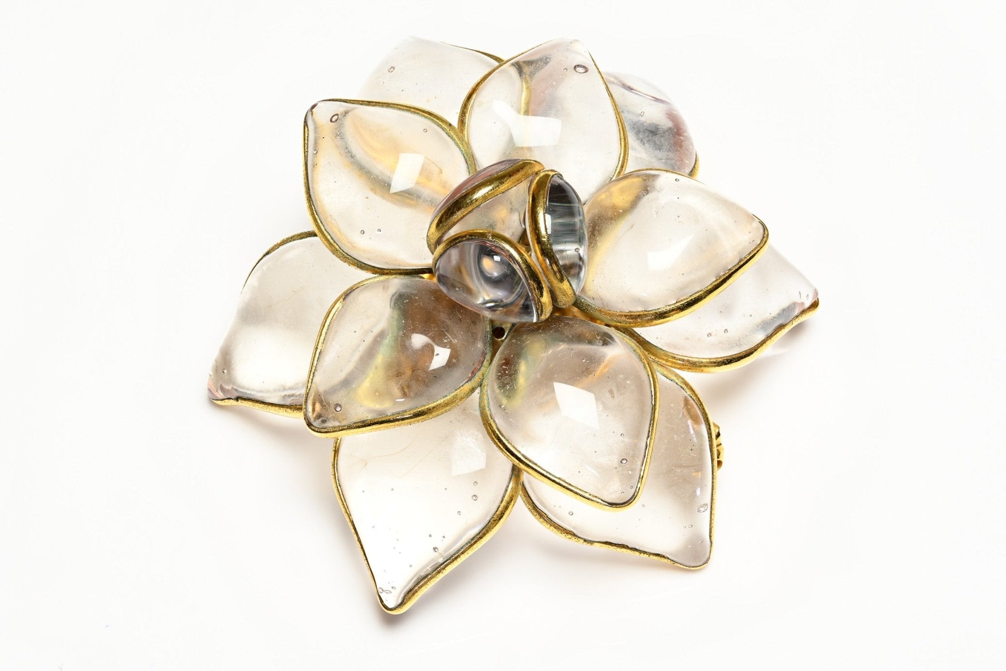 Vintage Histoire de Verre Paris Gripoix Clear Poured Glass Camellia Flower Pendant Brooch