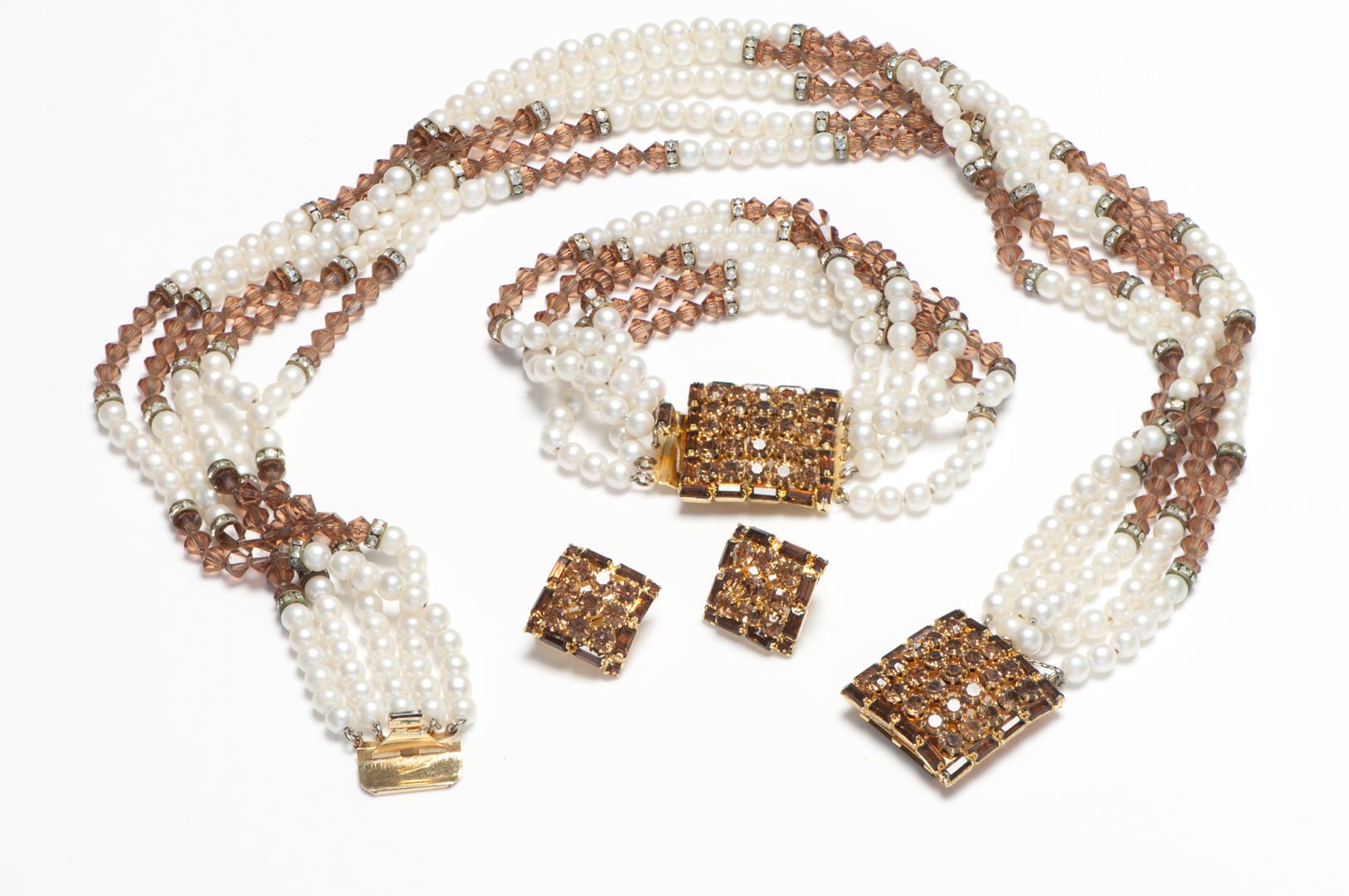 Vintage HOBE Brown Crystal Beads Pearl Necklace Bracelet Earrings Set