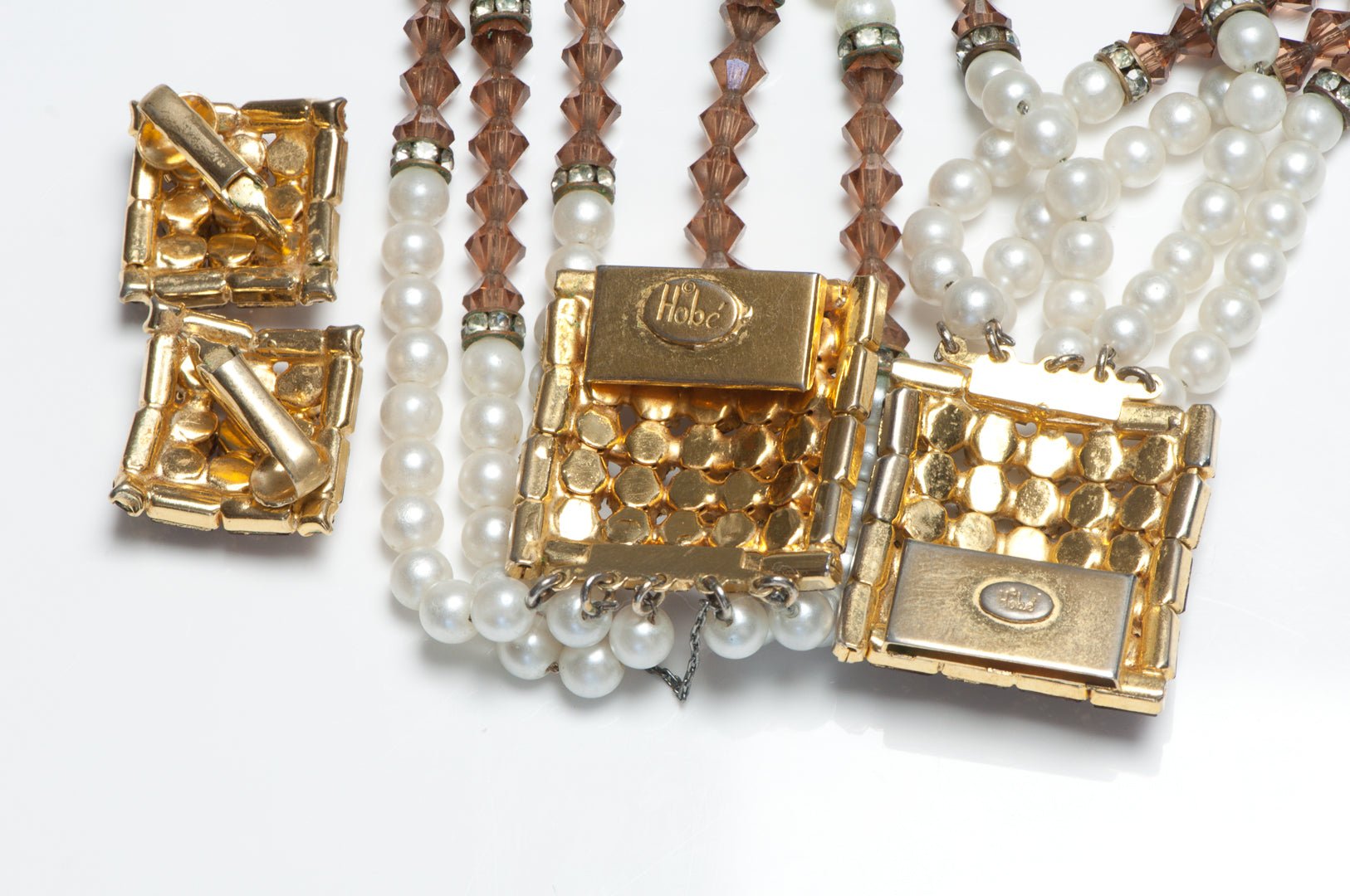 Vintage HOBE Brown Crystal Beads Pearl Necklace Bracelet Earrings Set