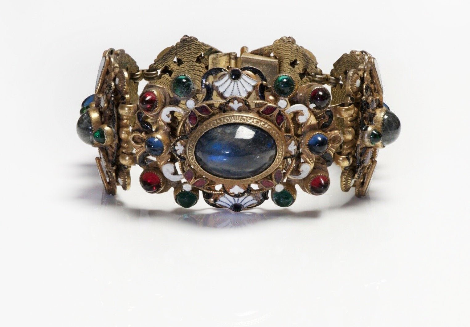 Vintage HOBE Cabochon Glass White Enamel Bracelet