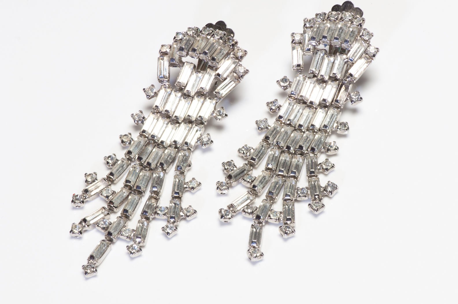 Vintage Hobe Long Rhodium Plated Crystal Tassel Earrings