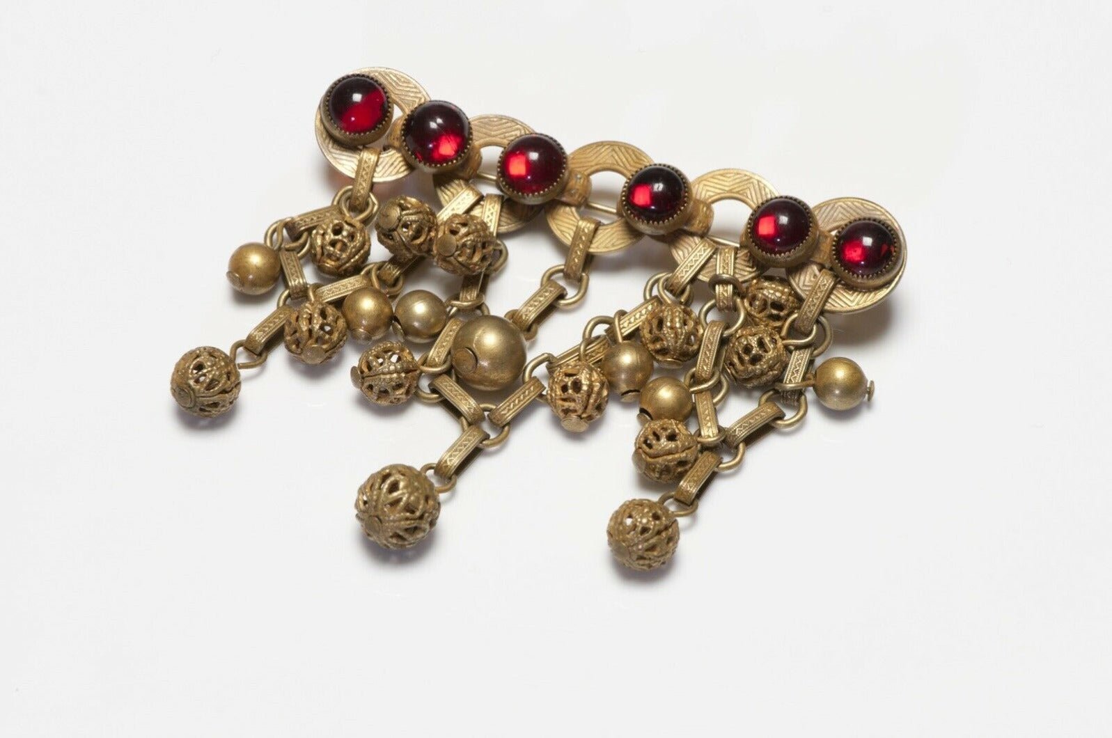Vintage HOBE Red Cabochon Glass Chain Tassel Brooch