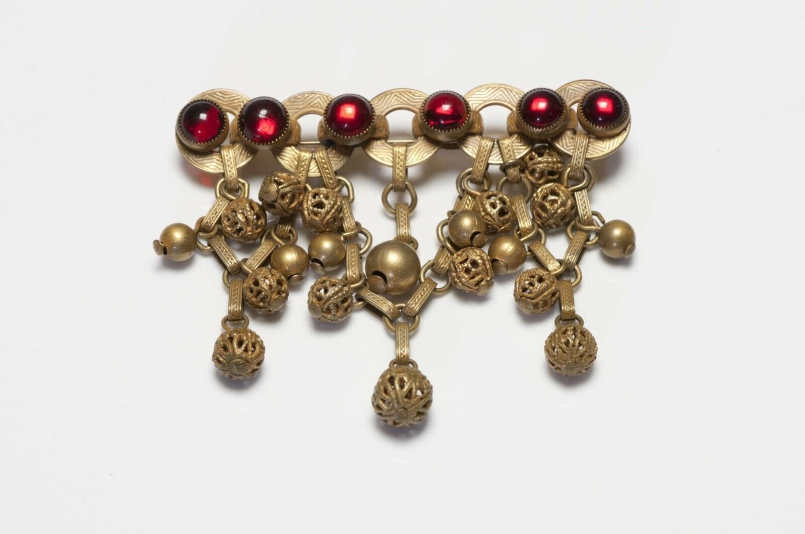 Vintage HOBE Red Cabochon Glass Chain Tassel Brooch