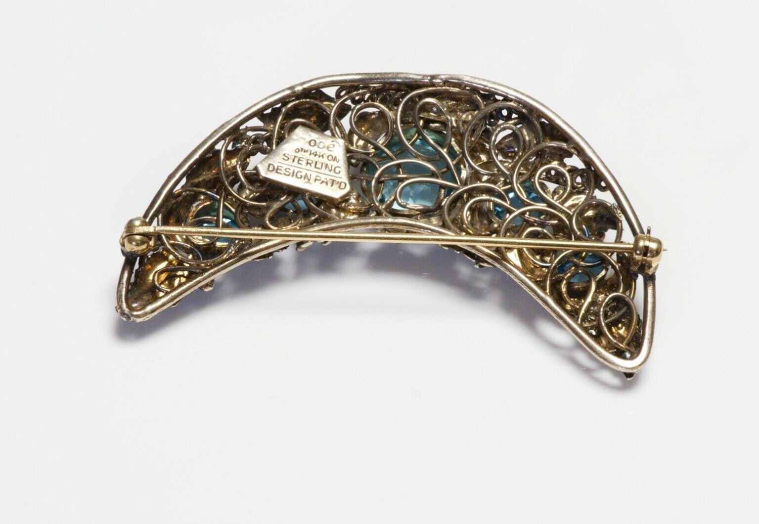 Vintage HOBE Sterling Silver 14K Gold Blue Crystal Crescent Moon Brooch