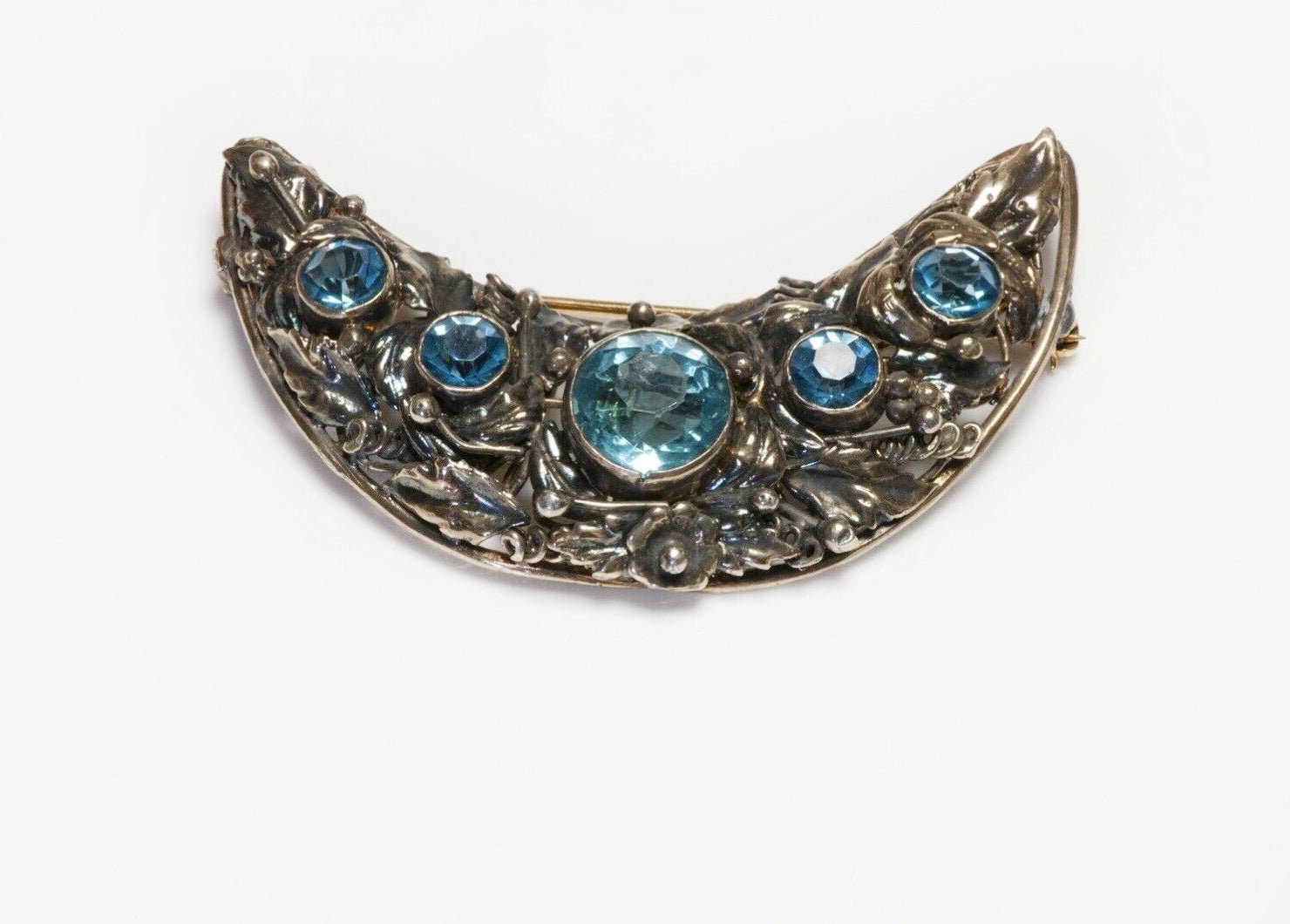 Vintage HOBE Sterling Silver 14K Gold Blue Crystal Crescent Moon Brooch