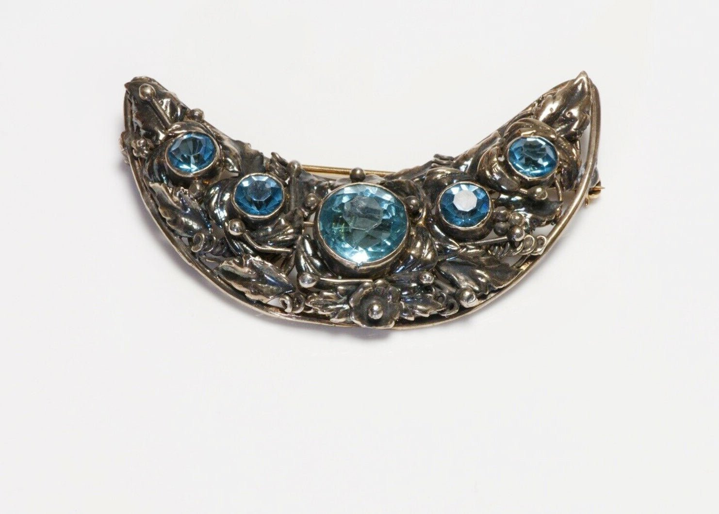 Vintage HOBE Sterling Silver 14K Gold Blue Crystal Crescent Moon Brooch