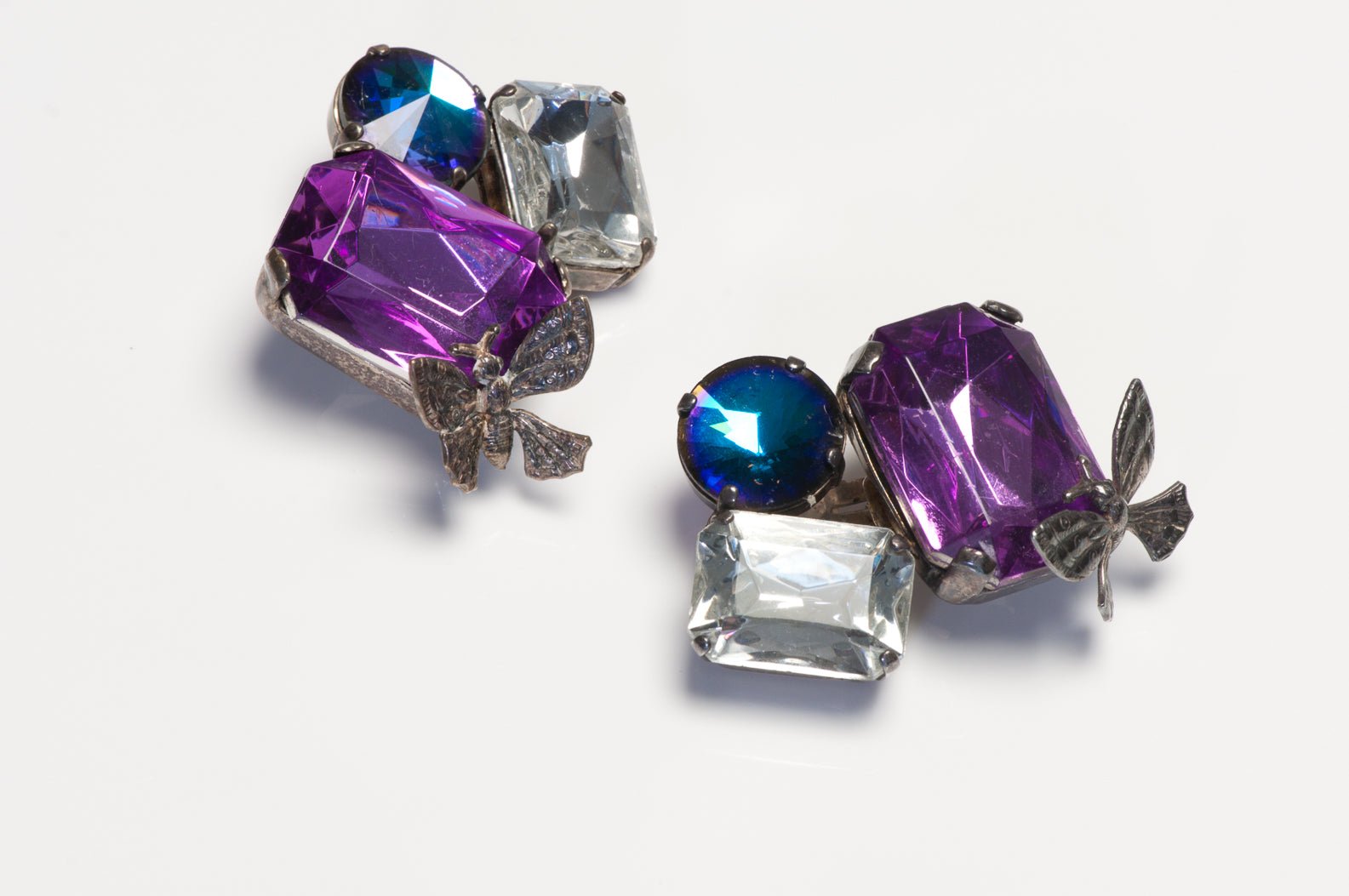 Vintage Ikuo Ichimori Paris Purple Blue Crystal Butterfly Earrings