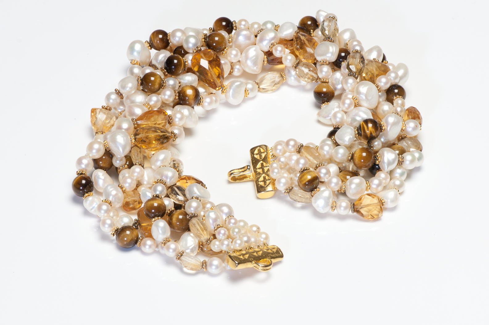 Vintage Jaded Gold Plated Citrine Tigers Eye Pearl Multi-Strand Necklace