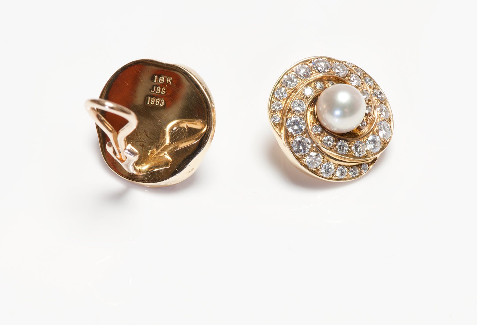 Vintage JBG 18K Yellow Gold Pearl Diamond Earrings