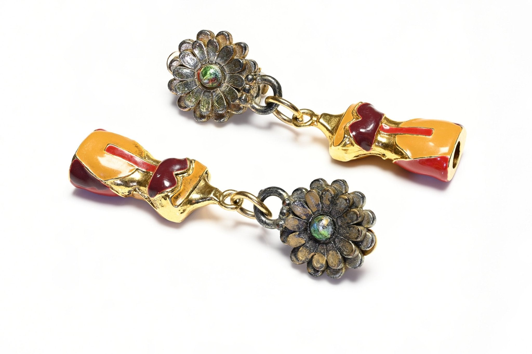 Vintage Jean Paul Gaultier JPG Paris Orange Red Enamel Bustier Drop Earrings