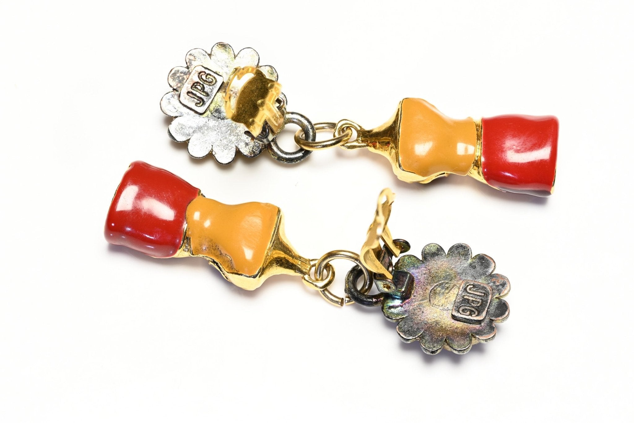Vintage Jean Paul Gaultier JPG Paris Orange Red Enamel Bustier Drop Earrings