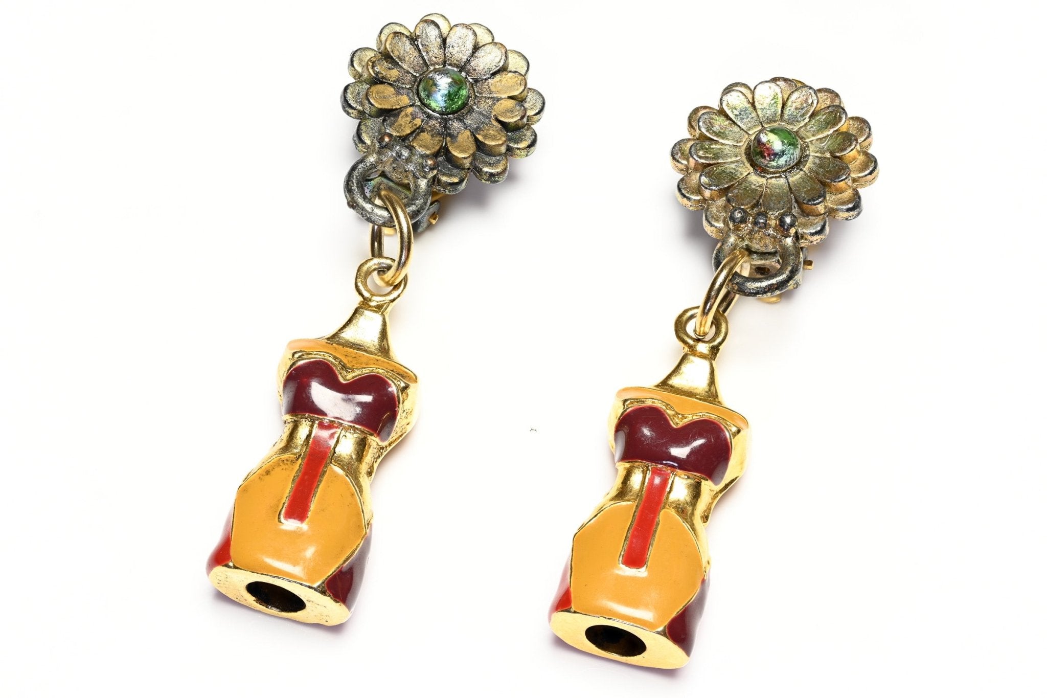 Vintage Jean Paul Gaultier JPG Paris Orange Red Enamel Bustier Drop Earrings